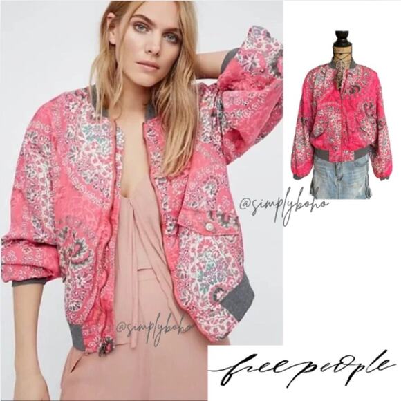 Free People Boho Pink Floral Quilted Bomber Jacket - SIZE XS
